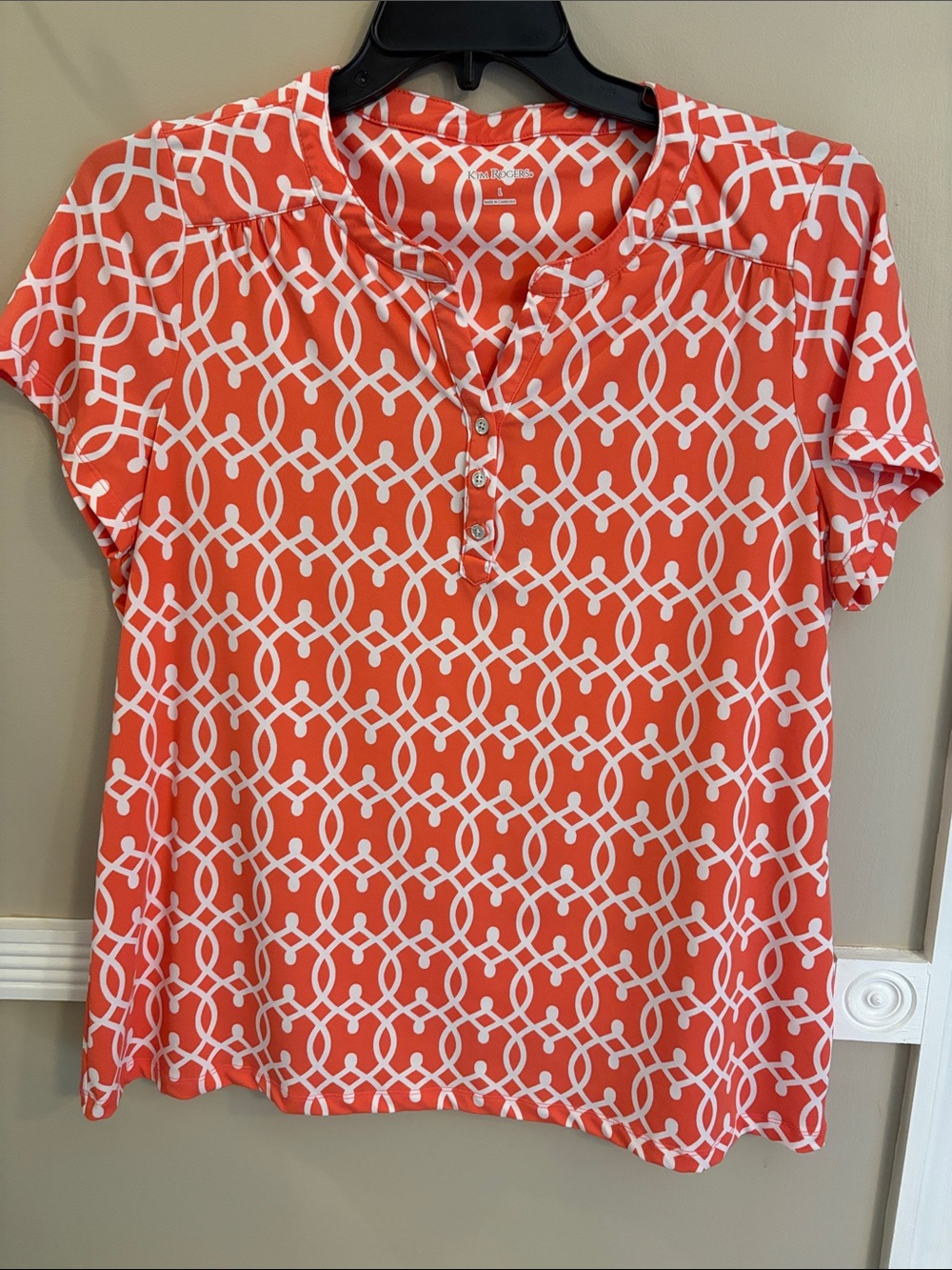 Kim Rogers Coral and White Geometric Button-Front Top